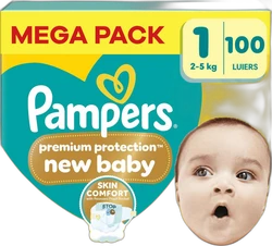 Verpakking Pampers Premium Protection new baby maat 1, 2-5 kg, Mega Pack met 100 luiers en babyfoto.