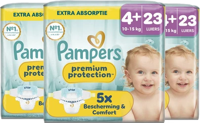 Pampers Premium Protection maat 4+ met 23 luiers Verpakking Pampers Premium Protection maat 4+ met 23 luiers, babyafbeelding en blauwe gele paarse accenten.