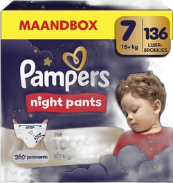 Pampers Night Pants maat 7 maandbox met 136 luierbroekjes Voorzijde van Pampers Night Pants maandbox maat 7 met 136 luierbroekjes, slapend kind en sterrenillustraties.