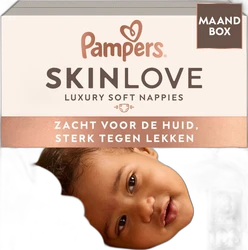Verpakking Pampers Skinlove maandbox maat 3 met 108 luiers en babyfoto op beige en koperkleurige doos