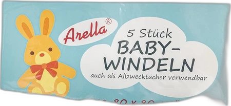 Blauwe verpakking Arella baby-windeln met konijnillustratie en tekst 5 Stück