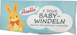 Blauwe verpakking Arella baby-windeln met konijnillustratie en tekst 5 Stück