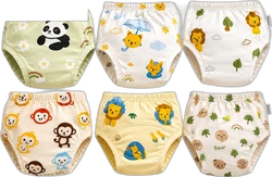 Zes oefenbroekjes met elastische taille en prints van panda, kat, leeuw, aap en beer.