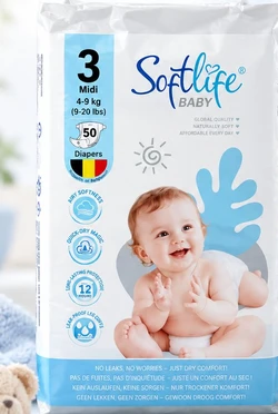 Verpakking Softlife Baby luiers maat 3 Midi 4-9 kg met babyafbeelding en 50 stuks.