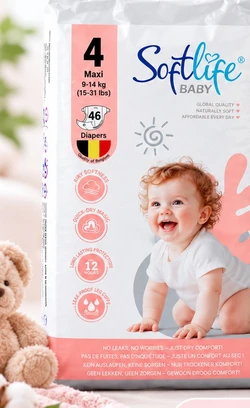 Verpakking Softlife Baby luiers maat 4 Maxi voor 9 tot 14 kg met 46 luiers en babyafbeelding