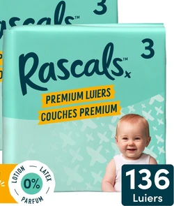 Mintgroene Rascals Premium Luiers maat 3 verpakking met babyfoto en badge 136 luiers