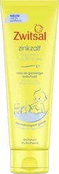 Gele tube Zwitsal zinkzalf 0% parfum met blauwe babyillustratie en rode merknaam