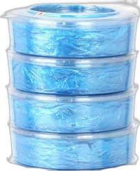 Stapeling van vier transparante cassettes met blauwe luiertas vullingen voor een luieremmer