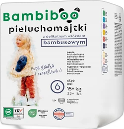 Witte Bambiboo verpakking met bamboe luierbroekjes maat 6 XXL, 15 stuks en kindillustratie