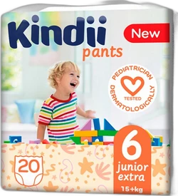 Verpakking Kindii Pants maat 6 junior extra 15+ kg met 20 stuks, peuter en speelblokken op de voorkant