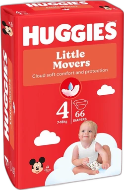 Rode Huggies Little Movers verpakking maat 4 met 66 luiers, Disney Mickey Mouse en baby op wolken