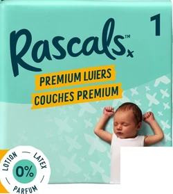 Turquoise verpakking Rascals Premium Luiers maat 1 met slapende baby en 0 procent badge
