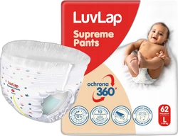 Verpakking LuvLap Supreme Pants maat L met luierbroekje, babyfoto en pictogrammen voor comfort