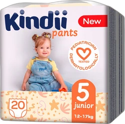 Verpakking Kindii Pants Junior maat 5 met 20 stuks, 12-17 kg, peuterfoto en oranje maatlabel.