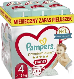 Pampers Premium Care Pants verpakking maat 4 met 114 luierbroekjes en babyafbeelding
