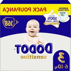 Verpakking Dodot Sensitive maat 3 met babyafbeelding, 168 luiers en blauw-gele accenten