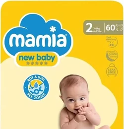 Mamia new baby luiers maat 2, verpakking met 60 stuks Gele Mamia new baby luierverpakking maat 2 met 60 luiers, blauw logo en babyfoto