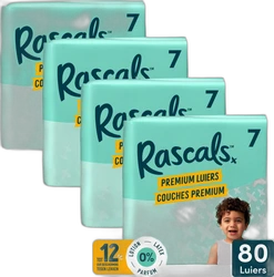 Rascals Premium Luiers maat 7 multipack met 80 luiers Vier turquoise Rascals Premium Luiers pakken maat 7 met 80 luiers en peuterafbeelding op zwarte achtergrond
