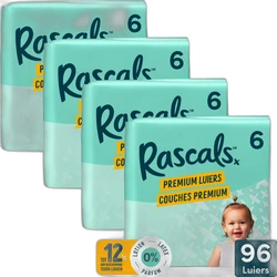 Vier turquoise verpakkingen Rascals Premium Luiers maat 6 met 96 luiers en babyafbeelding