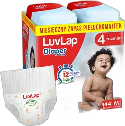 Verpakking LuvLap Diaper Pants maat M met 144 stuks, babyluier en lachende baby op rood-blauwe doos