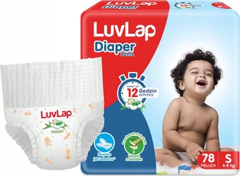 Verpakking LuvLap Diaper Pants maat S met witte luier, lachende baby en aanduiding 78 stuks 4-8 kg