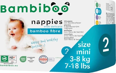 Bambiboo luiers mini maat 2 met bamboevezel Verpakking Bambiboo luiers mini maat 2, 3-8 kg, met babyfoto en turquoise maatlabel