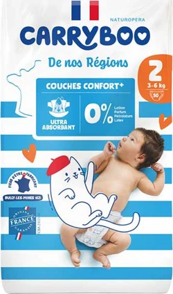 Verpakking Carryboo De nos Régions luiers maat 2 met baby, blauwe strepen en 50 stuks aanduiding