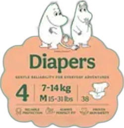 Verpakkinglabel van Moomin Baby luiers maat 4 Maxi voor 7 tot 14 kg met 38 luiers