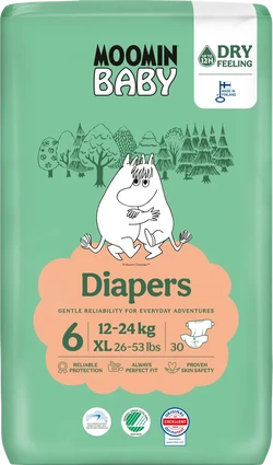 Groene Moomin Baby luierverpakking maat 6 XL 12-24 kg met 30 luiers en illustratie