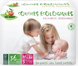 Verpakking Bio Baby ecologische luiers maat 3 midi 36 stuks met foto van drie baby's en groen merklogo