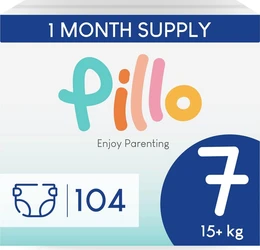 Witte verpakking van Pillo luiers maat 7 maandbox 104 met kleurrijk logo en gewichtsaanduiding 15+ kg