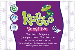 Kandoo Sensitive babydoekjes verpakking 60 stuks Voorzijde verpakking Kandoo Sensitive toilet wipes met kikkerillustratie en nummer 60