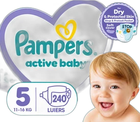 Pampers Active Baby-Dry Maat 5 Voorraadbox 240 luiers Verpakking Pampers Active Baby droog maat 5 voorraadbox 240 luiers met baby gezicht en producticons