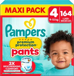 Verpakking Pampers Premium Protection pants maat 4 maxi pack 164 met baby gezicht rechts en merklogo