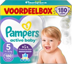 Pampers Active Baby-Dry Maat 5 Voordeelbox 180 luiers Grote voordeelbox Pampers active baby dry maat 5 met 180 luiers en babyfoto op verpakking